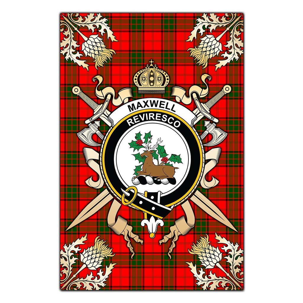 Clan Maxwell Modern Tartan Crest Black Garden Flag  - Gold Thistle  IM11 Clan Maxwell Tartan Today   