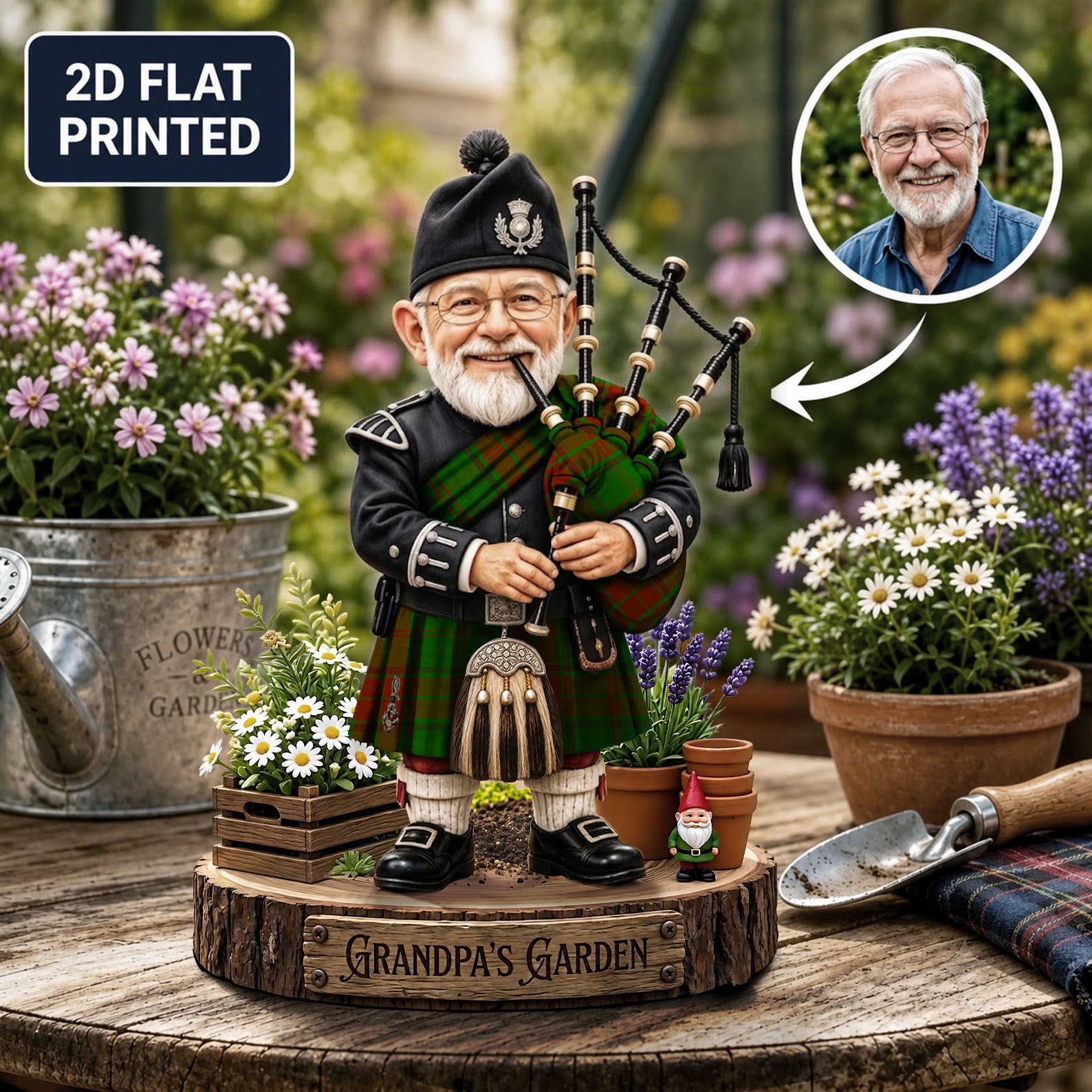 Personalized Maxwell Hunting Clan Bagpipe Garden Gnome Caricature Plaque Custom Photo, Any Clan Tartan, Wood or Acrylic, Grandpa & Dad Gift, Scottish Highland Garden Decor GB18