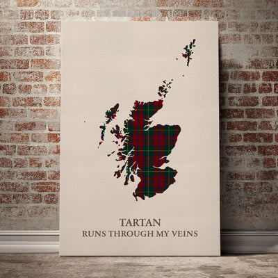 Clan McCarthy Tartan Scotland Map Canvas “Tartan Runs Through My Veins” Wall Art DY70