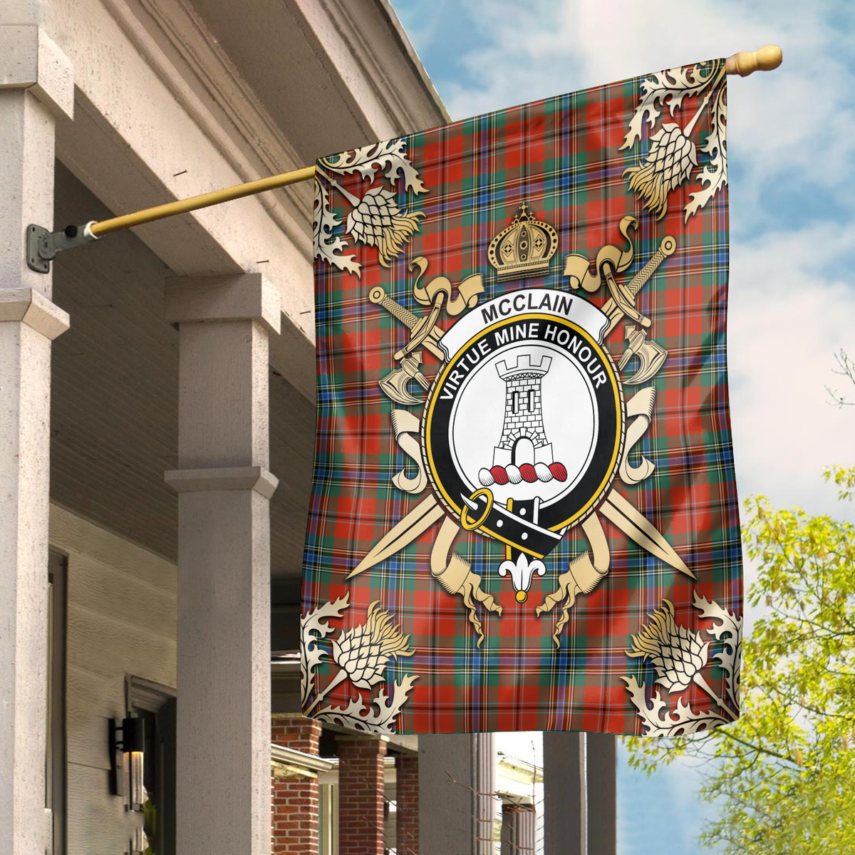 Clan McClain Tartan Crest Black Garden Flag  - Gold Thistle  JD24 Clan Garden Tartan Today   