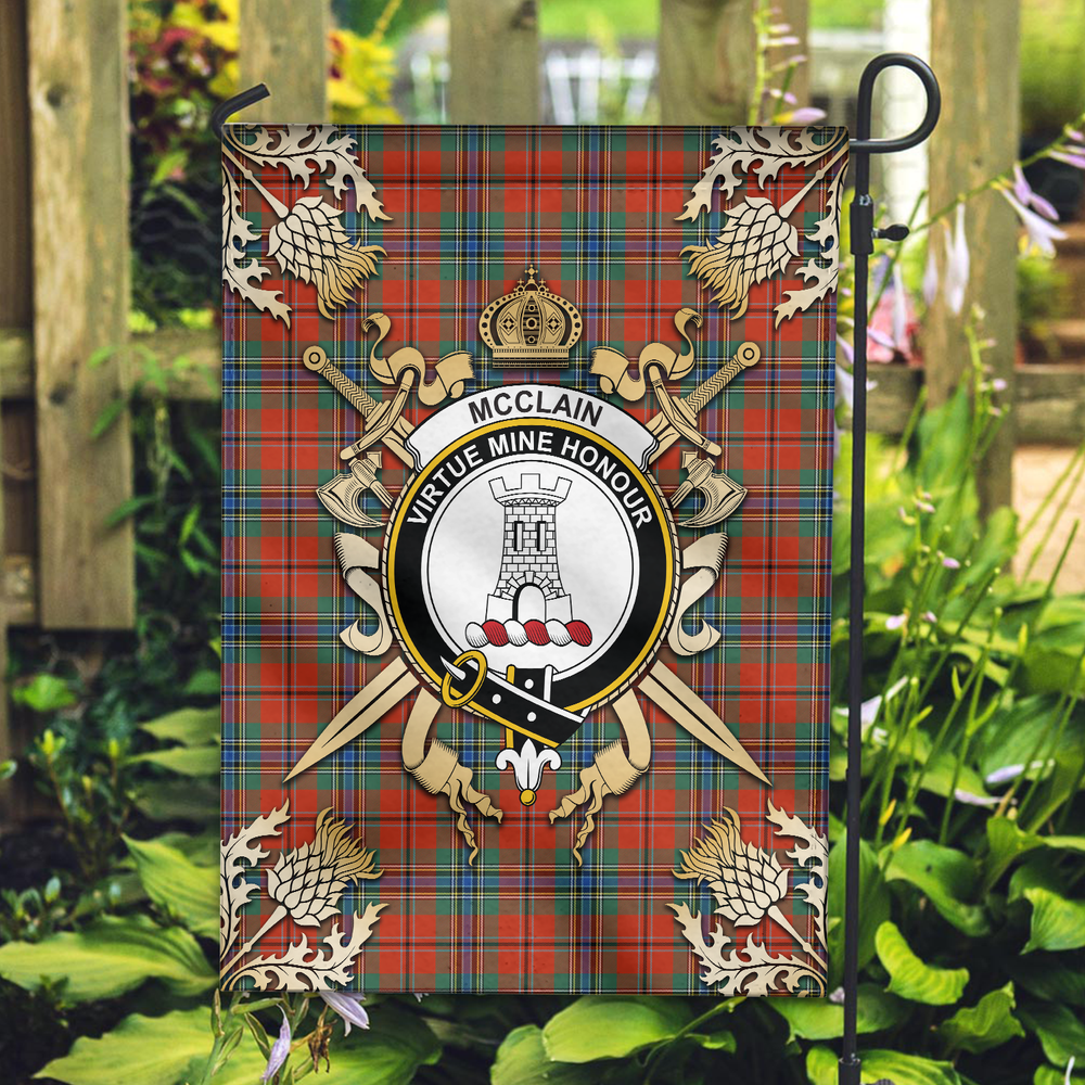 Clan McClain Tartan Crest Black Garden Flag  - Gold Thistle  JD24 Clan Garden Tartan Today   