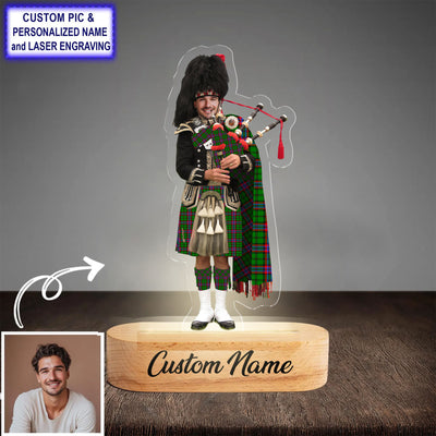 Custom Bagpipe McGeachie Tartan LED Night Light - Personalized Scottish Bagpiper Figurine with Wooden Stand QX51