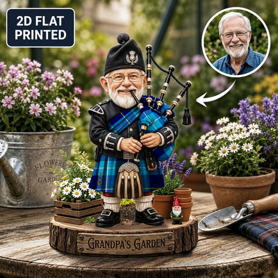 Personalized McKerrell Clan Bagpipe Garden Gnome Caricature Plaque Custom Photo, Any Clan Tartan, Wood or Acrylic, Grandpa & Dad Gift, Scottish Highland Garden Decor HI84