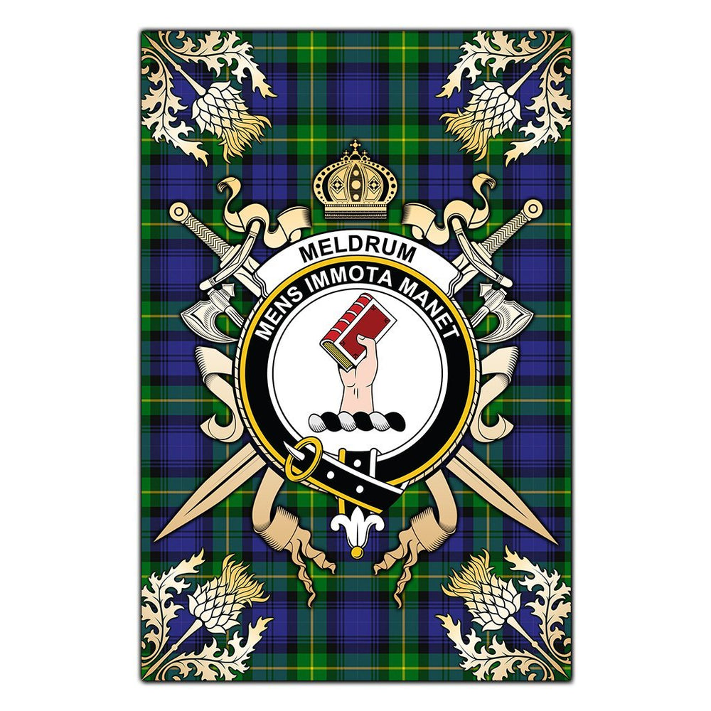 Clan Meldrum Tartan Crest Black Garden Flag  - Gold Thistle  CO14 Clan Meldrum Tartan Today   