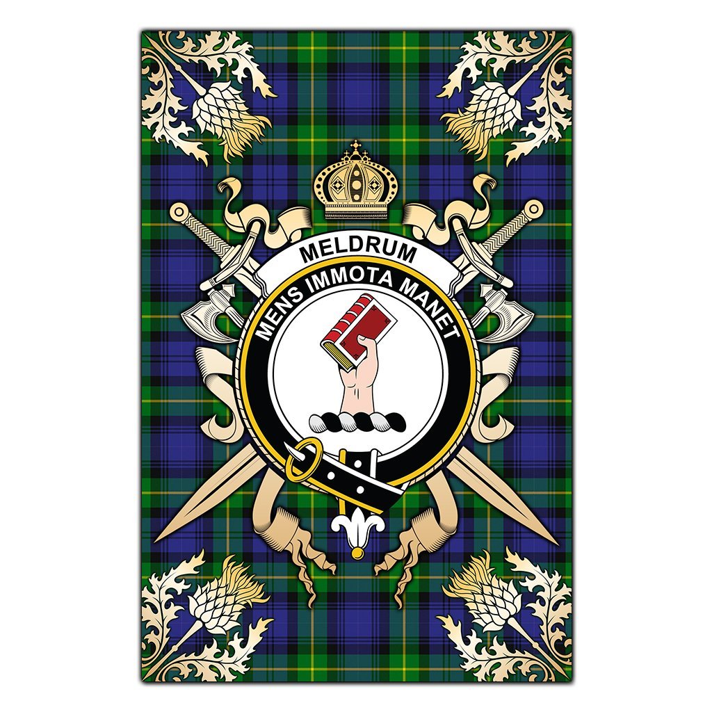 Clan Meldrum Tartan Crest Black Garden Flag  - Gold Thistle  CO14 Clan Meldrum Tartan Today   