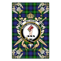 Clan Meldrum Tartan Crest Black Garden Flag  - Gold Thistle  CO14 Clan Meldrum Tartan Today   