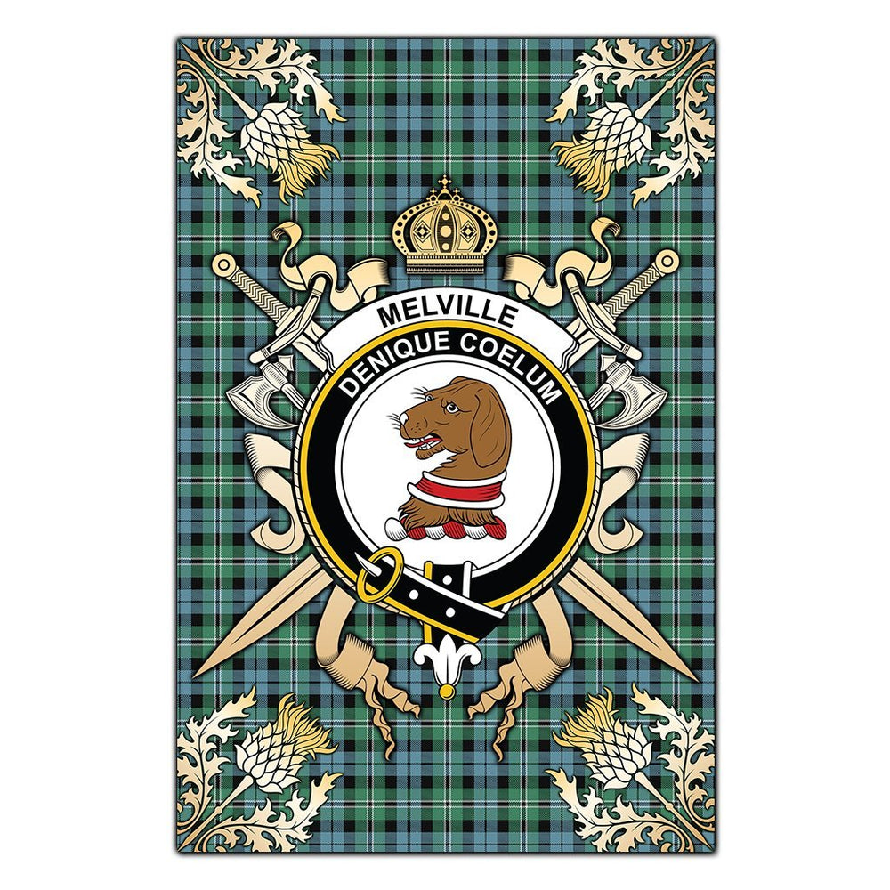 Clan Melville Tartan Crest Black Garden Flag  - Gold Thistle  FG87 Clan Melville Tartan Today   