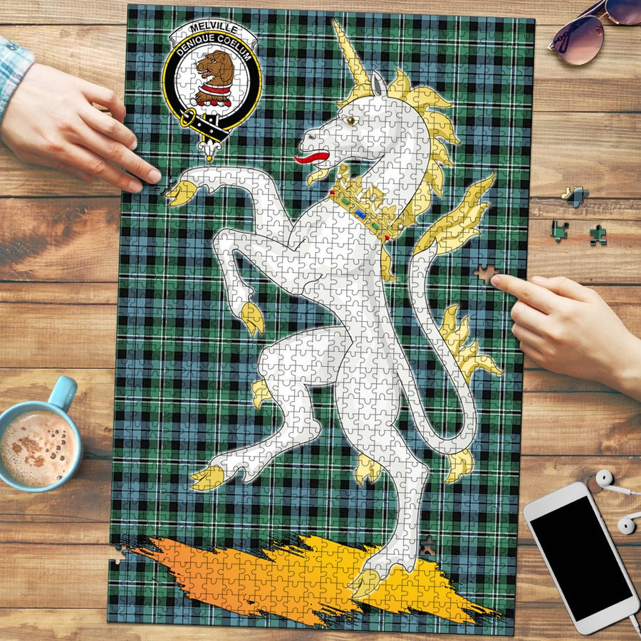Clan Melville Tartan Crest Unicorn Scotland Jigsaw Puzzles Gift For Family