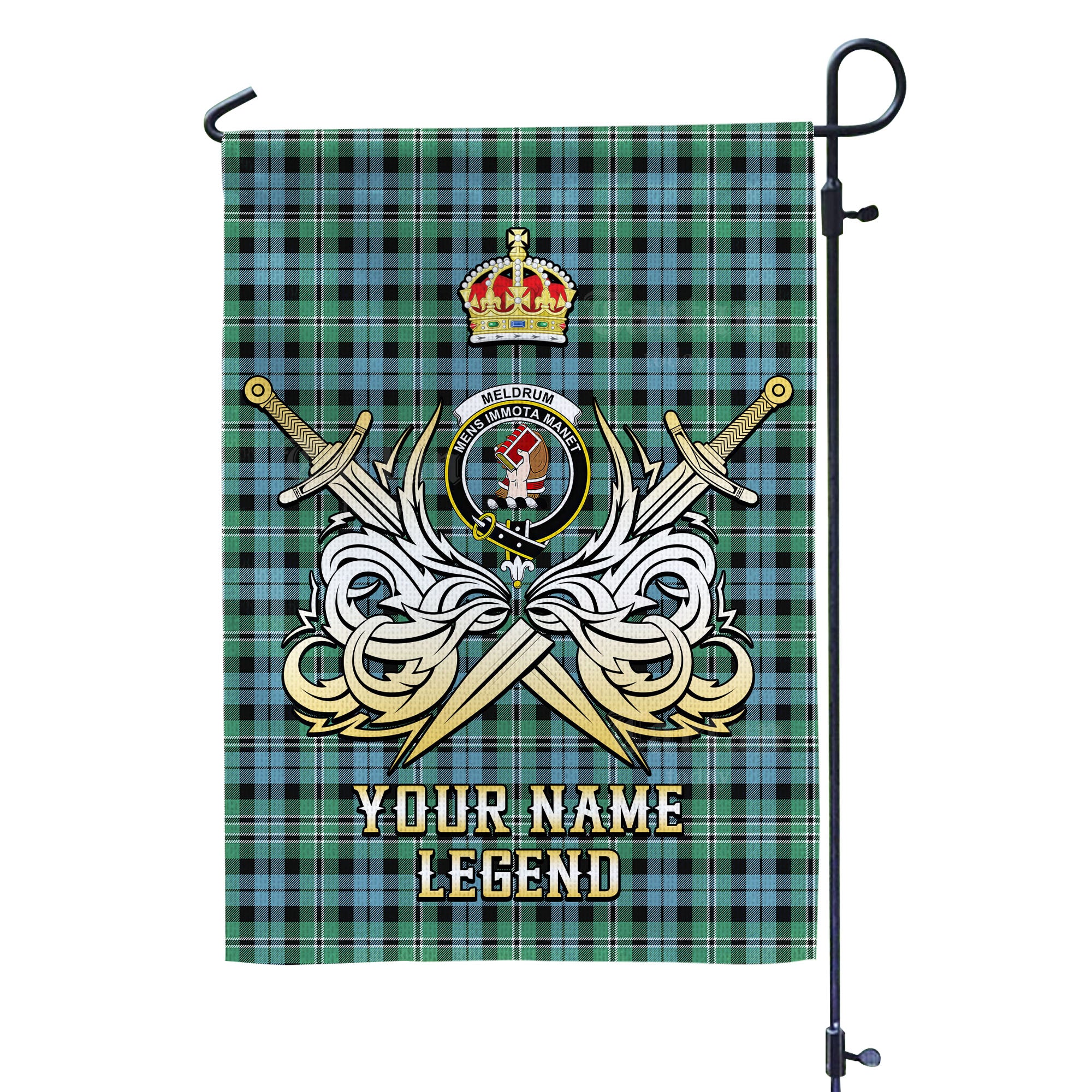 Custom Name Clan Melville Tartan Garden Flag with Clan Crest and the Golden Sword of Courageous Legacy GZ63