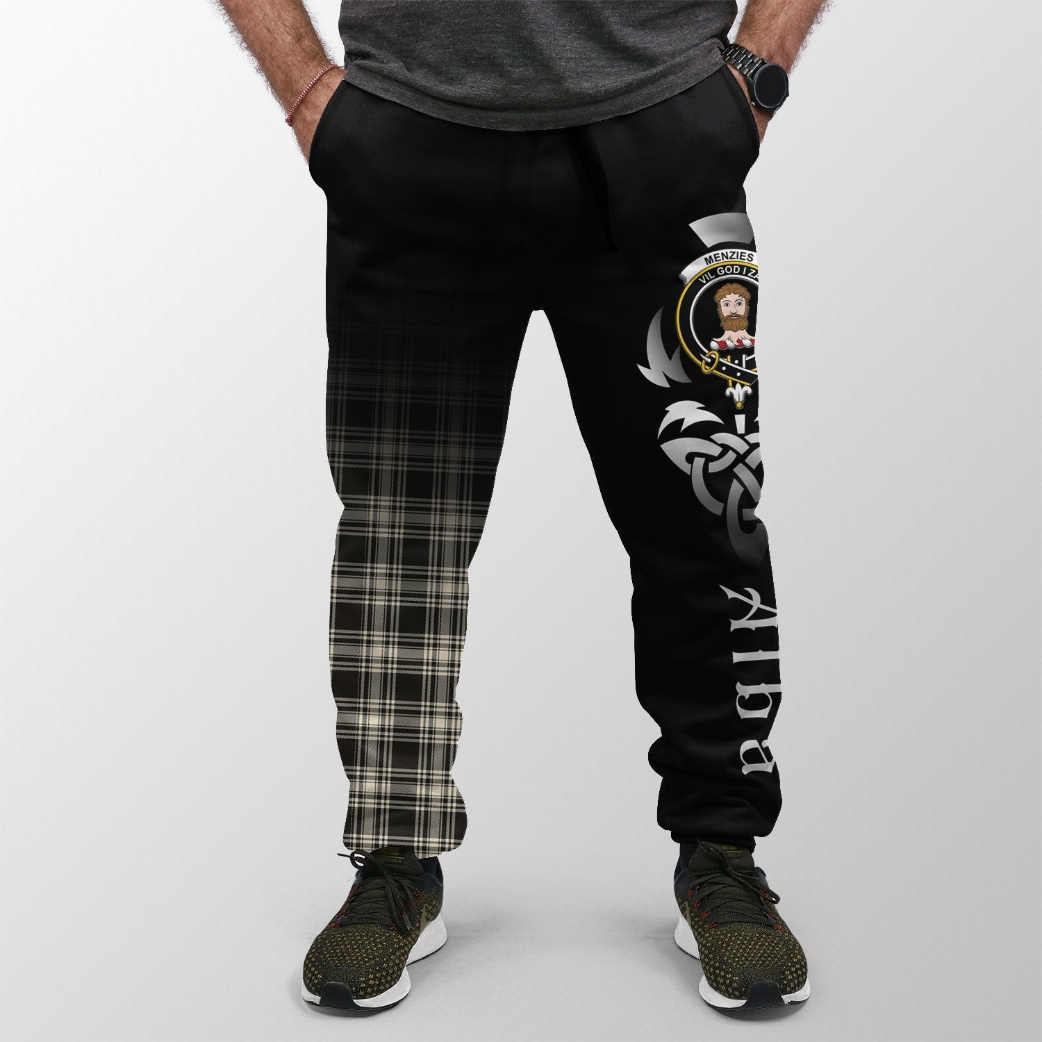 Clan Menzies Black & White Ancient Tartan Crest Jogger Sweatpants  Alba Celtic Style ON35 Clan Menzies Tartan Today   
