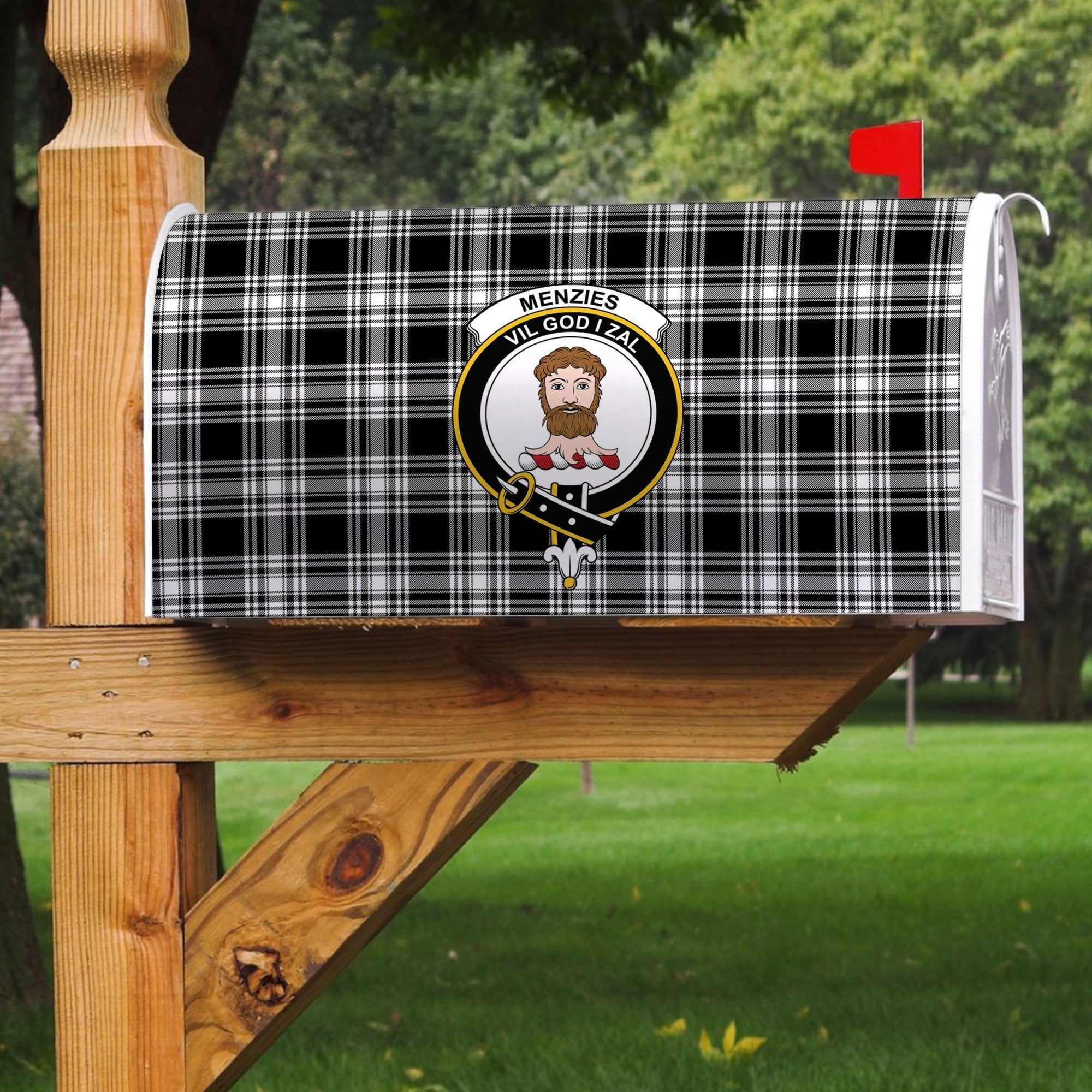 Clan Menzies Black & White Modern Tartan Crest Mailbox NU80 Clan Menzies Tartan Today   