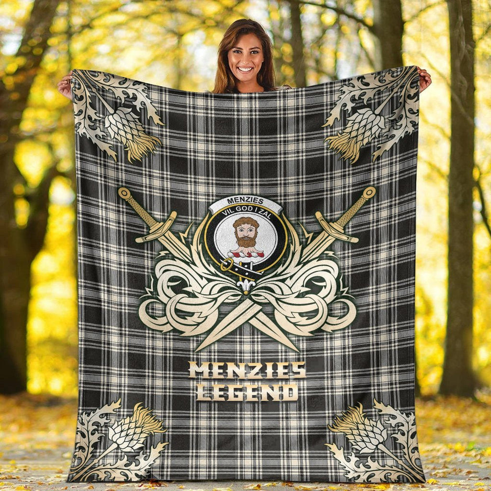 Clan Menzies Black  & White Ancient Tartan Gold Courage Symbol Blanket WH96 Clan Menzies Tartan Today   