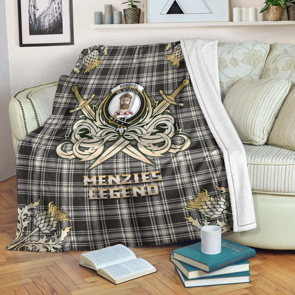 Clan Menzies Black  & White Ancient Tartan Gold Courage Symbol Blanket WH96 Clan Menzies Tartan Today   