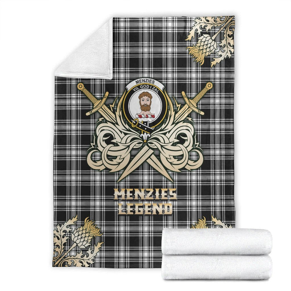 Clan Menzies Black  & White Modern Tartan Gold Courage Symbol Blanket GR64 Clan Menzies Tartan Today   