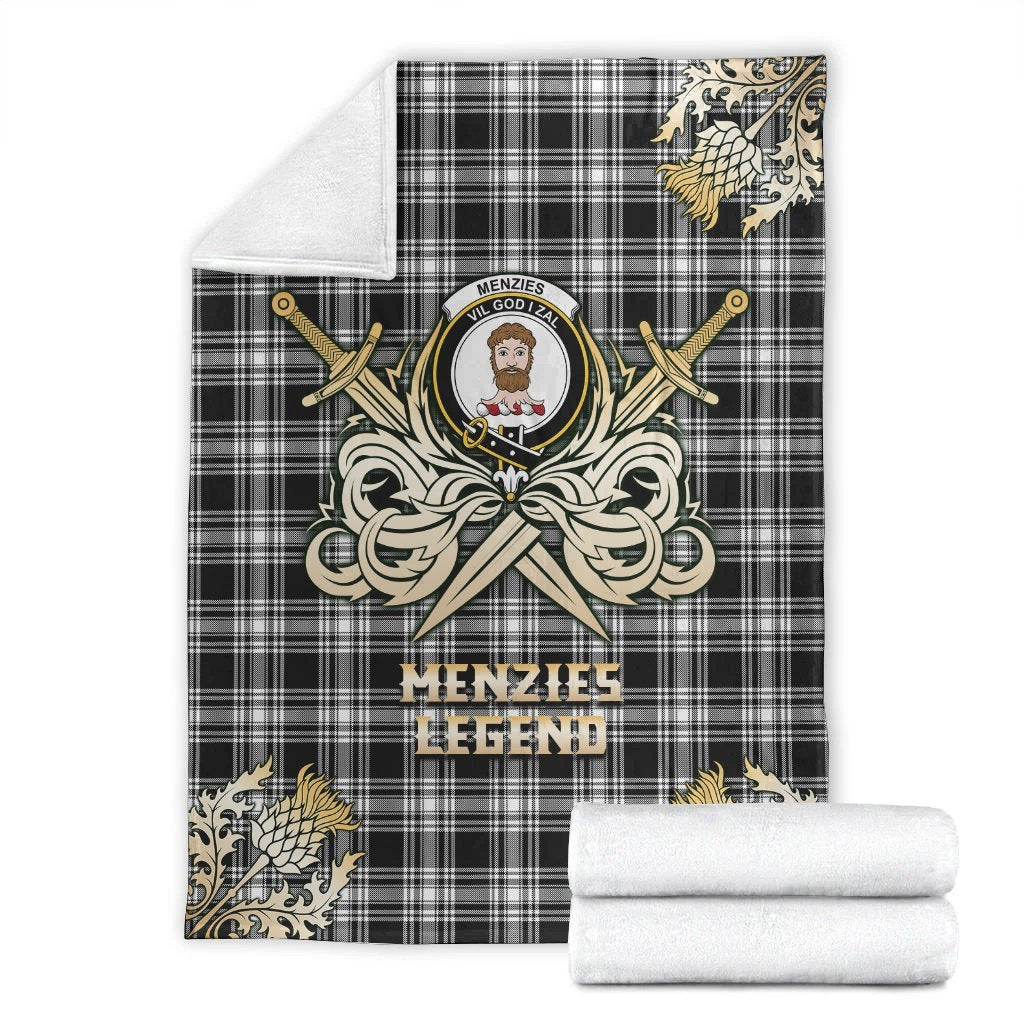 Clan Menzies Black  & White Modern Tartan Gold Courage Symbol Blanket GR64 Clan Menzies Tartan Today   