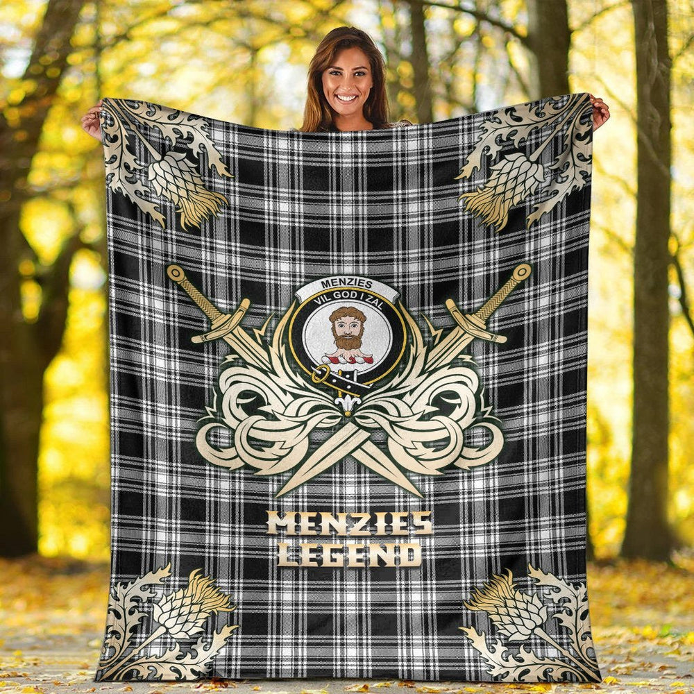 Clan Menzies Black  & White Modern Tartan Gold Courage Symbol Blanket GR64 Clan Menzies Tartan Today   