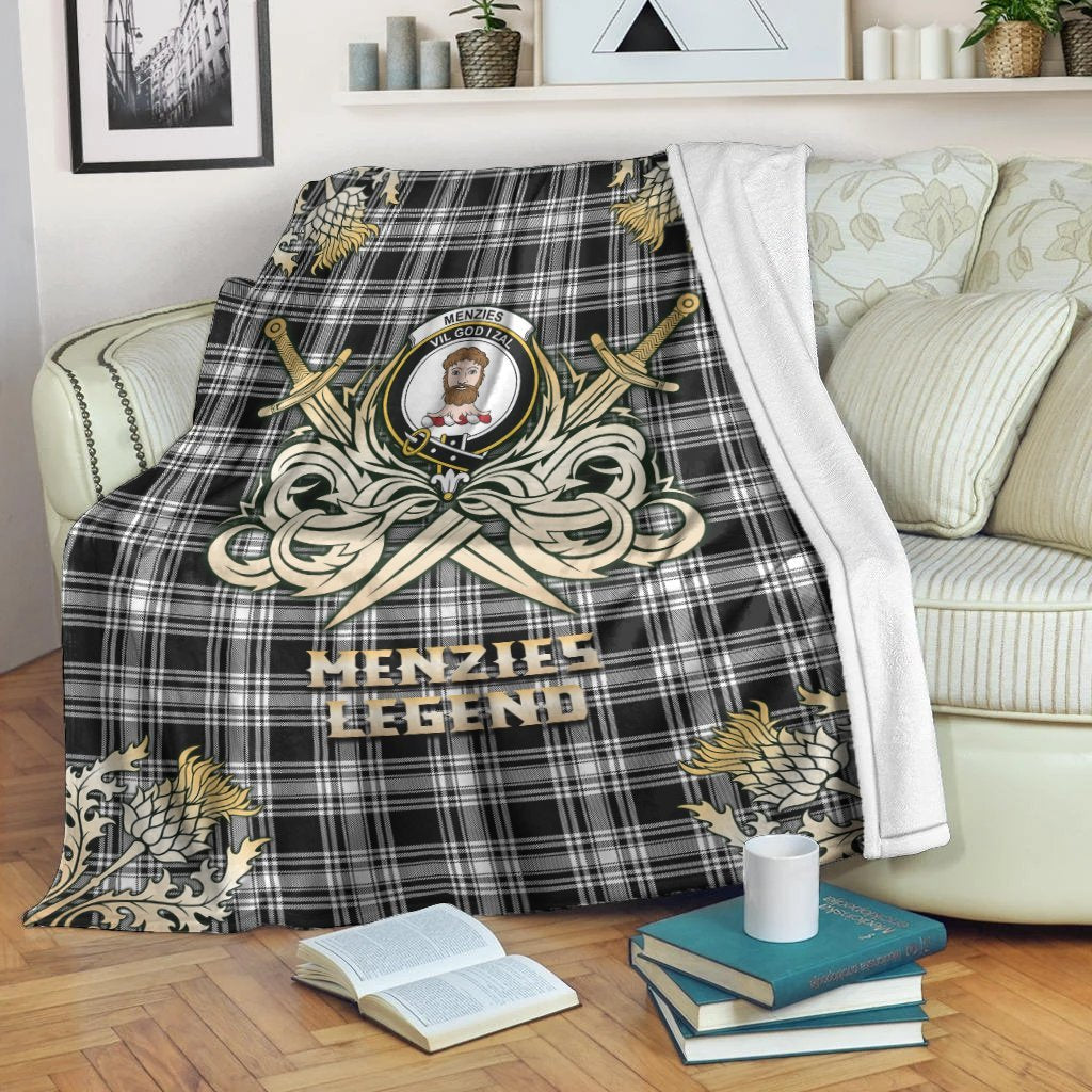 Clan Menzies Black  & White Modern Tartan Gold Courage Symbol Blanket GR64 Clan Menzies Tartan Today   