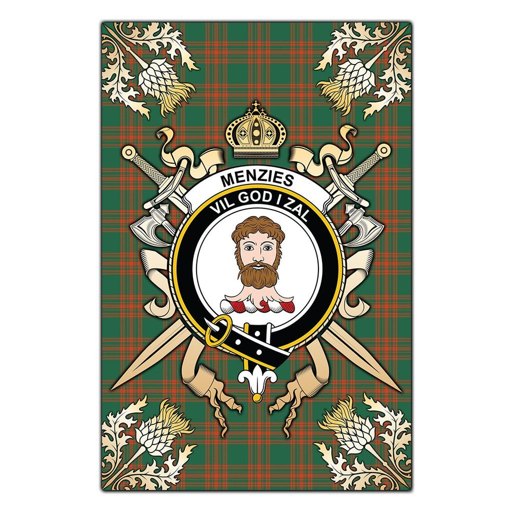 Clan Menzies Green Ancient Tartan Crest Black Garden Flag  - Gold Thistle  TY95 Clan Menzies Tartan Today   