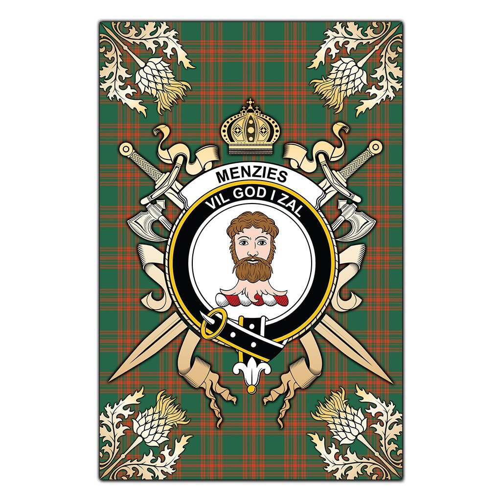 Clan Menzies Green Ancient Tartan Crest Black Garden Flag  - Gold Thistle  TY95 Clan Menzies Tartan Today   