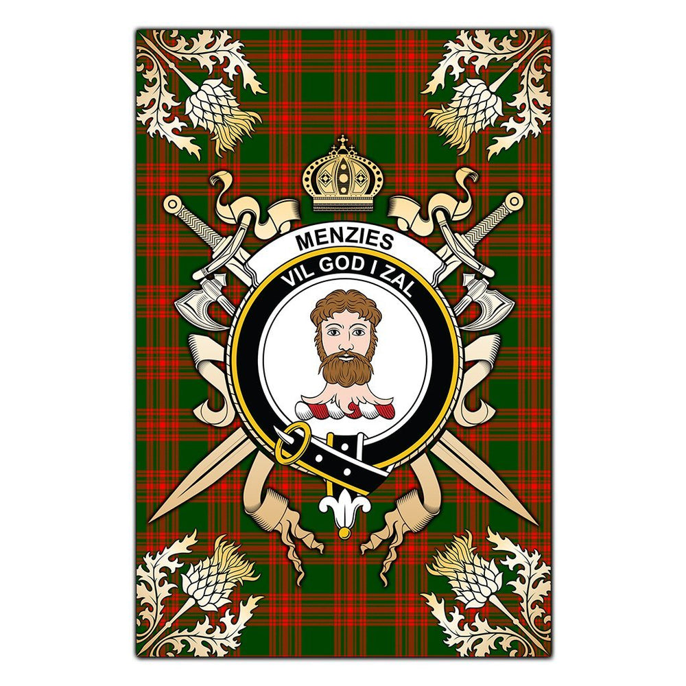 Clan Menzies Green Modern Tartan Crest Black Garden Flag  - Gold Thistle  OM50 Clan Menzies Tartan Today   