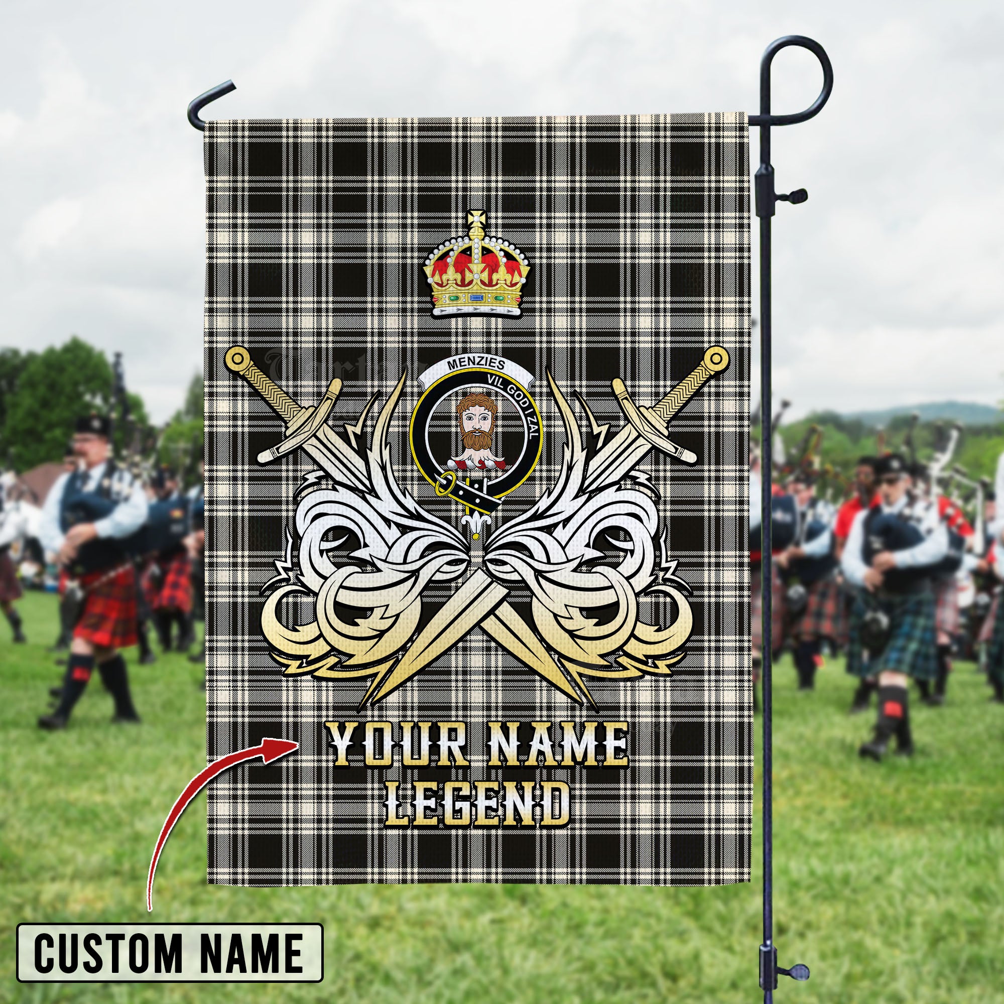 Personalized Custom Name Clan Menzies Black & White Ancient Tartan Garden Flag with Clan Crest and the Golden Sword of Courageous Legacy DP77 - Menzies Black & White Ancient Tartan Design, Scottish Heritage Gift