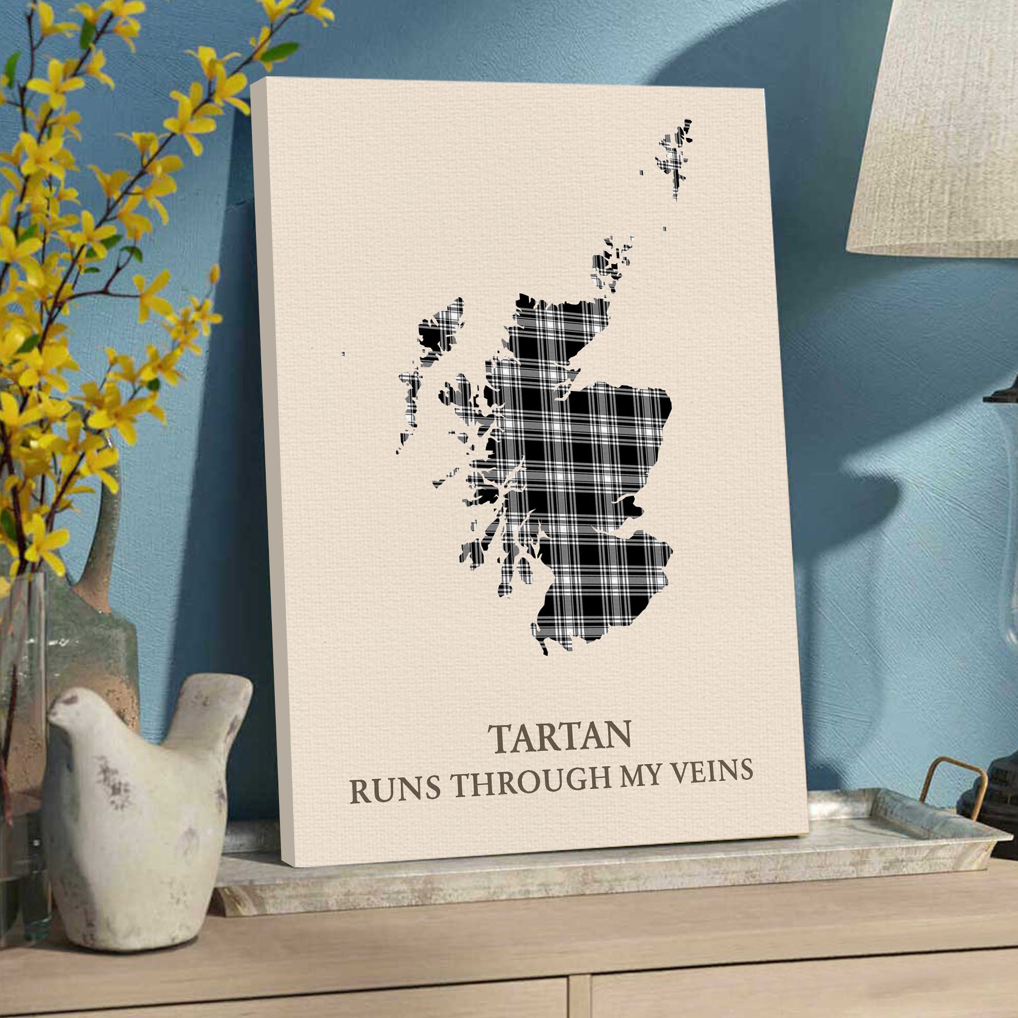 Clan Menzies Black & White Modern Tartan Scotland Map Canvas “Tartan Runs Through My Veins” Wall Art UC30