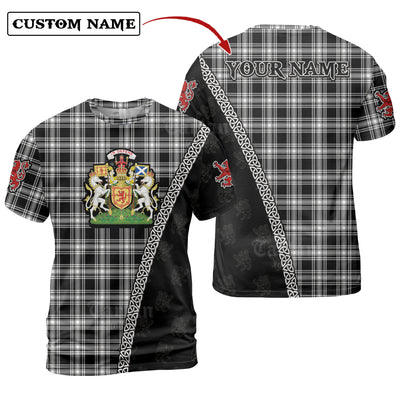 Personalized Clan Menzies Black & White Modern Tartan Shirt with Scotland Coat of Arms & Custom Name