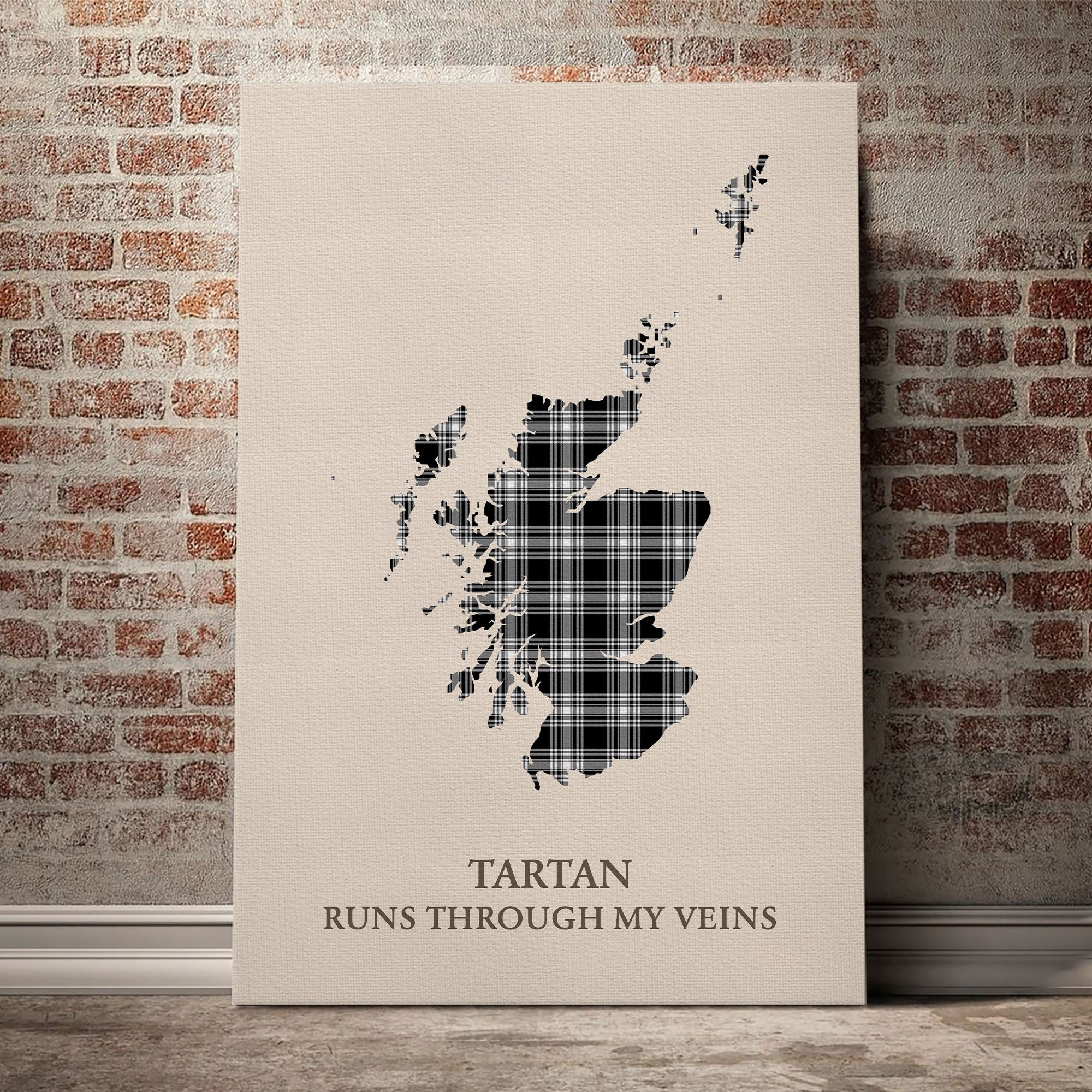 Menzies Black & White Modern Tartan Scotland Map Canvas – “Tartan Runs Through My Veins” Wall Art