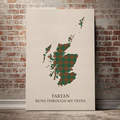 Menzies Green Ancient Tartan Scotland Map Canvas – “Tartan Runs Through My Veins” Wall Art