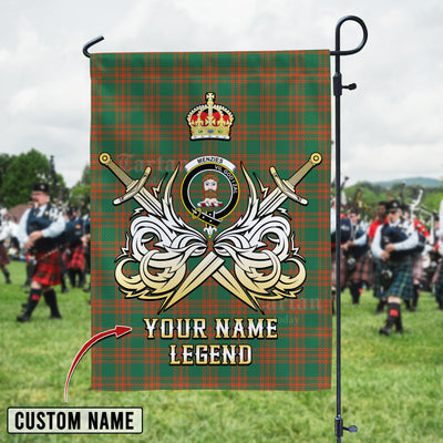 Custom Name Clan Menzies Green Ancient Tartan Garden Flag with Clan Crest and the Golden Sword of Courageous Legacy