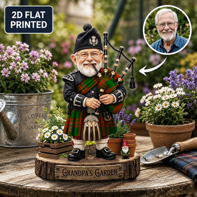 Personalized Menzies Green Modern Clan Bagpipe Garden Gnome Caricature Plaque Custom Photo, Any Clan Tartan, Wood or Acrylic, Grandpa & Dad Gift, Scottish Highland Garden Decor GS34