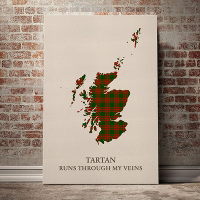 Clan Menzies Green Modern Tartan Scotland Map Canvas “Tartan Runs Through My Veins” Wall Art PN58