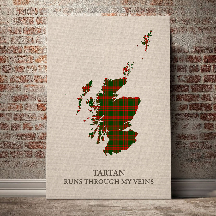 Menzies Green Modern Tartan Scotland Map Canvas – “Tartan Runs Through My Veins” Wall Art