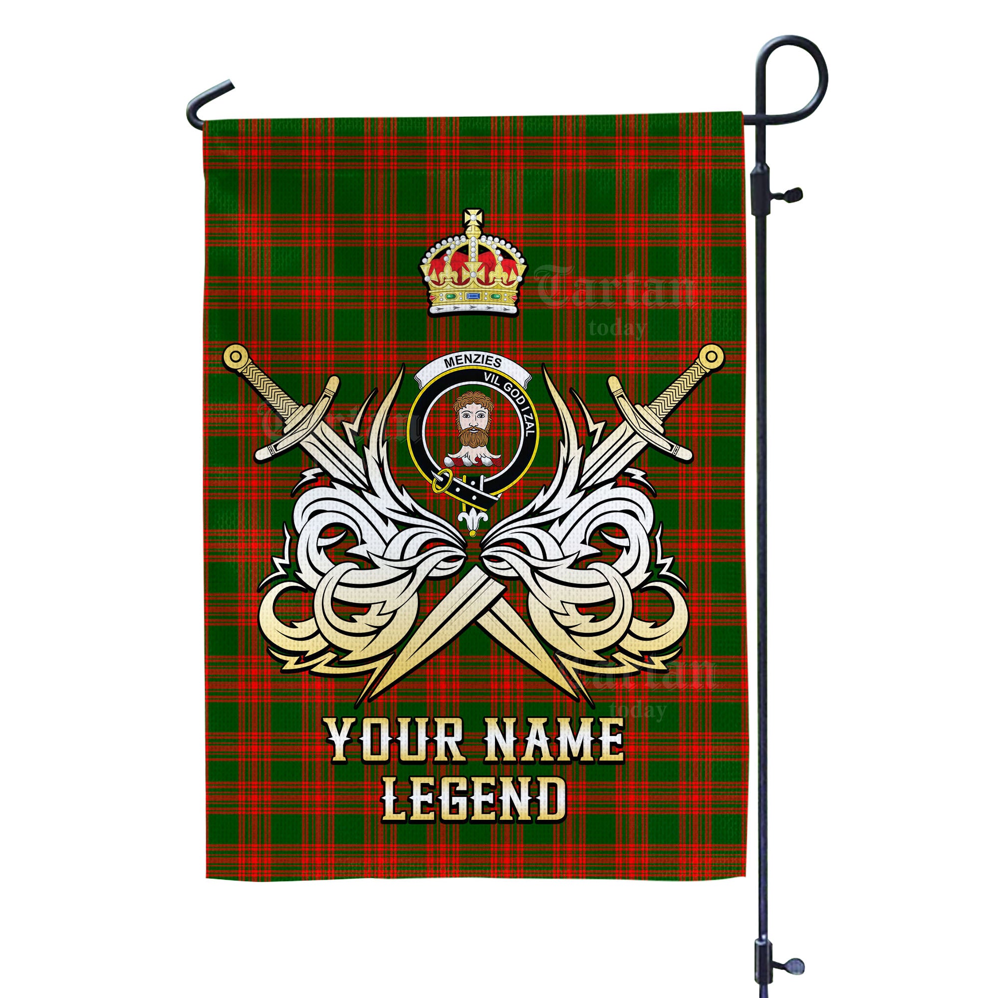 Custom Name Clan Menzies Green Modern Tartan Garden Flag with Clan Crest and the Golden Sword of Courageous Legacy DS15