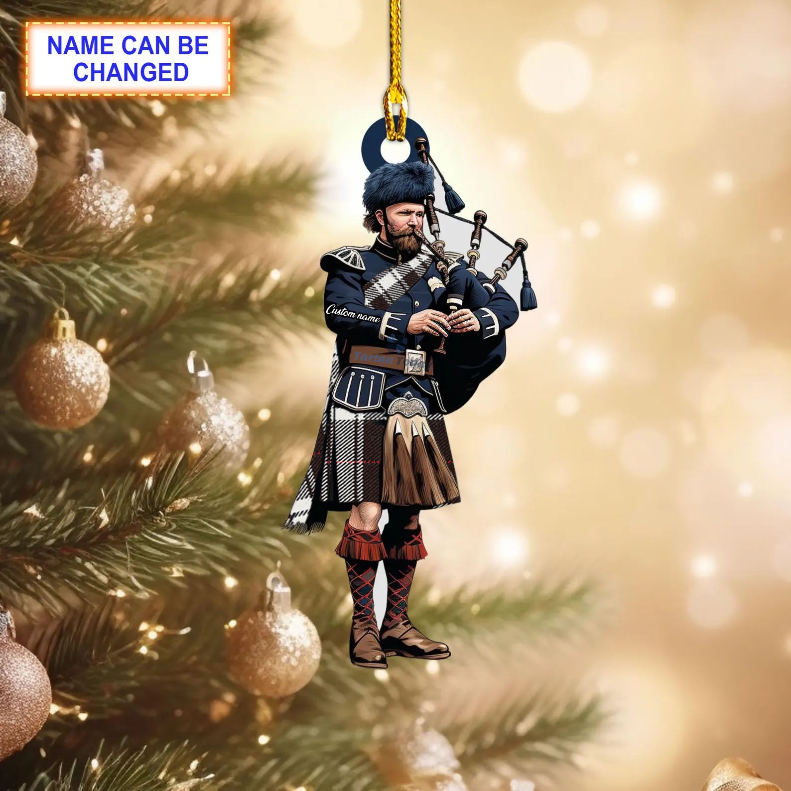 Menzies (Dress) Modern Tartan Bagpipe Ornament with Custom Name