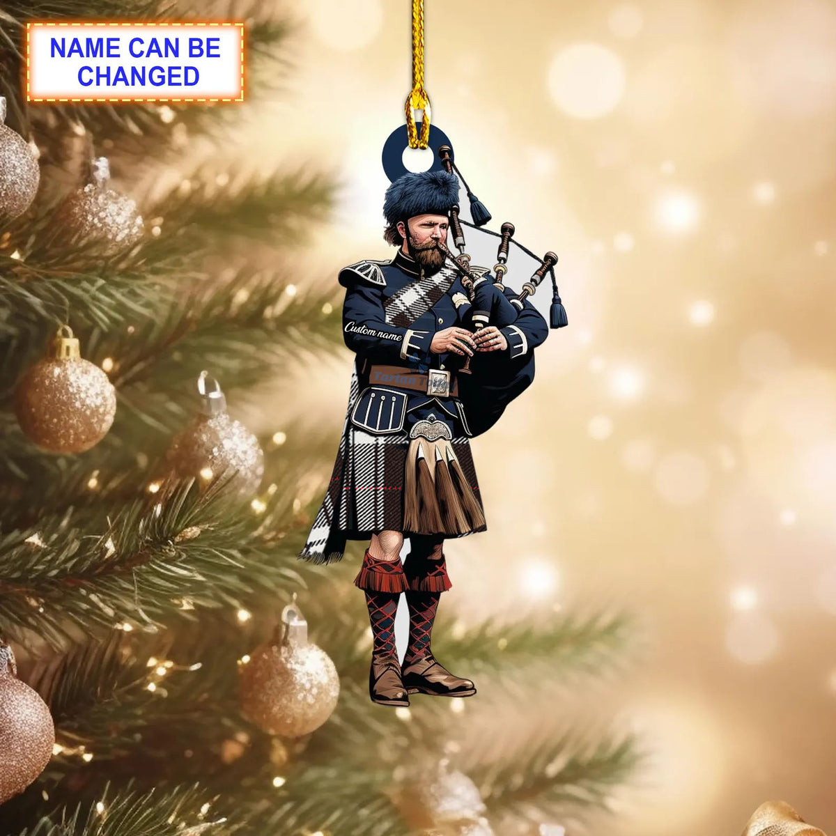 Menzies (Dress) Modern Tartan Bagpipe Ornament with Custom Name