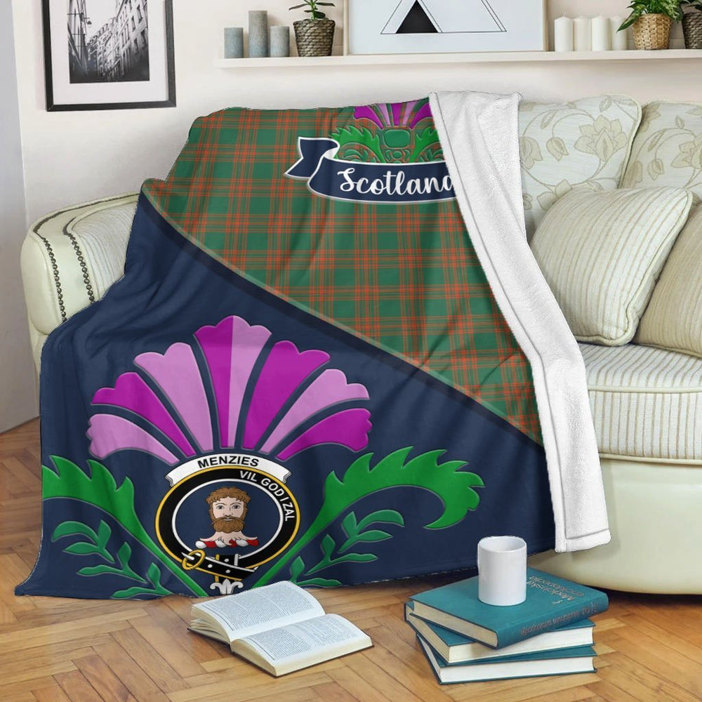 Clan Menzies Tartan Crest Premium Blanket Thistle Style NB14 Clan Menzies Tartan Today   
