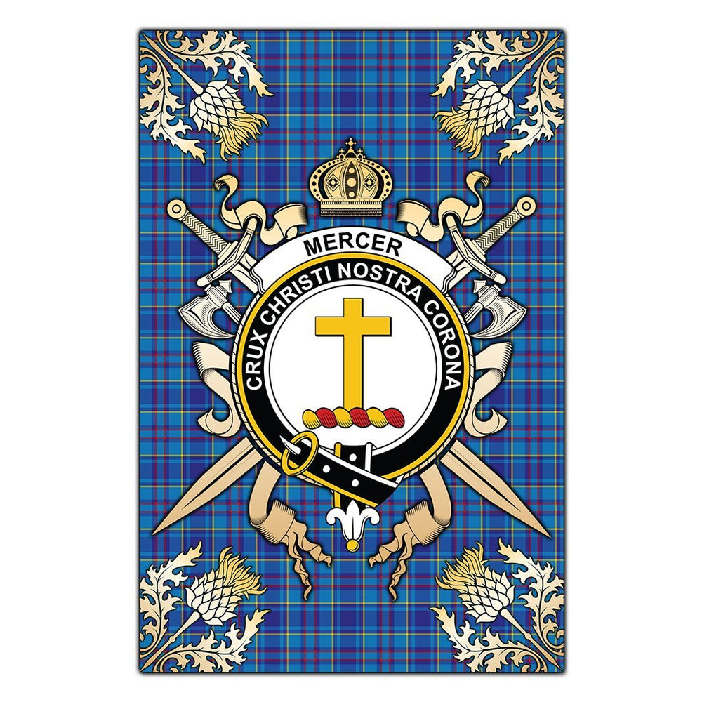 Clan Mercer Modern Tartan Crest Black Garden Flag  - Gold Thistle  ET88 Clan Mercer Tartan Today   