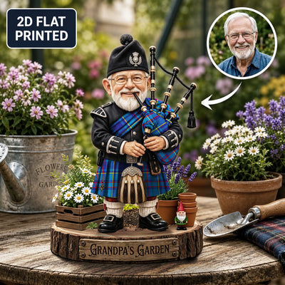 Personalized Mercer Modern Clan Bagpipe Garden Gnome Caricature Plaque Custom Photo, Any Clan Tartan, Wood or Acrylic, Grandpa & Dad Gift, Scottish Highland Garden Decor KM47