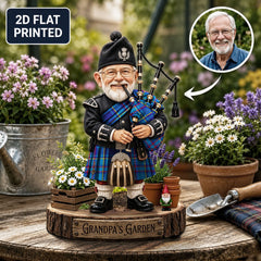 Personalized Mercer Modern Clan Bagpipe Garden Gnome Caricature Plaque Custom Photo, Any Clan Tartan, Wood or Acrylic, Grandpa & Dad Gift, Scottish Highland Garden Decor KM47