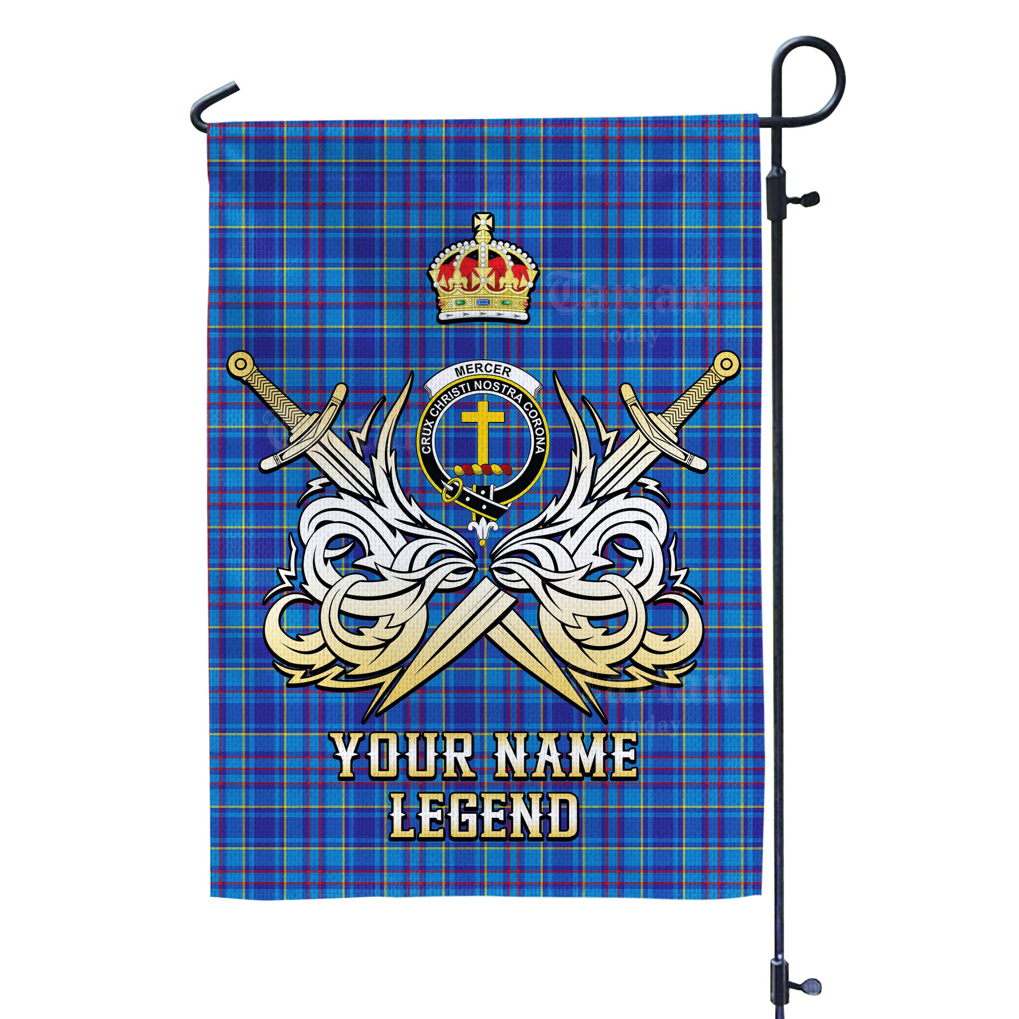 Custom Name Clan Mercer Modern Tartan Garden Flag with Clan Crest and the Golden Sword of Courageous Legacy LL62