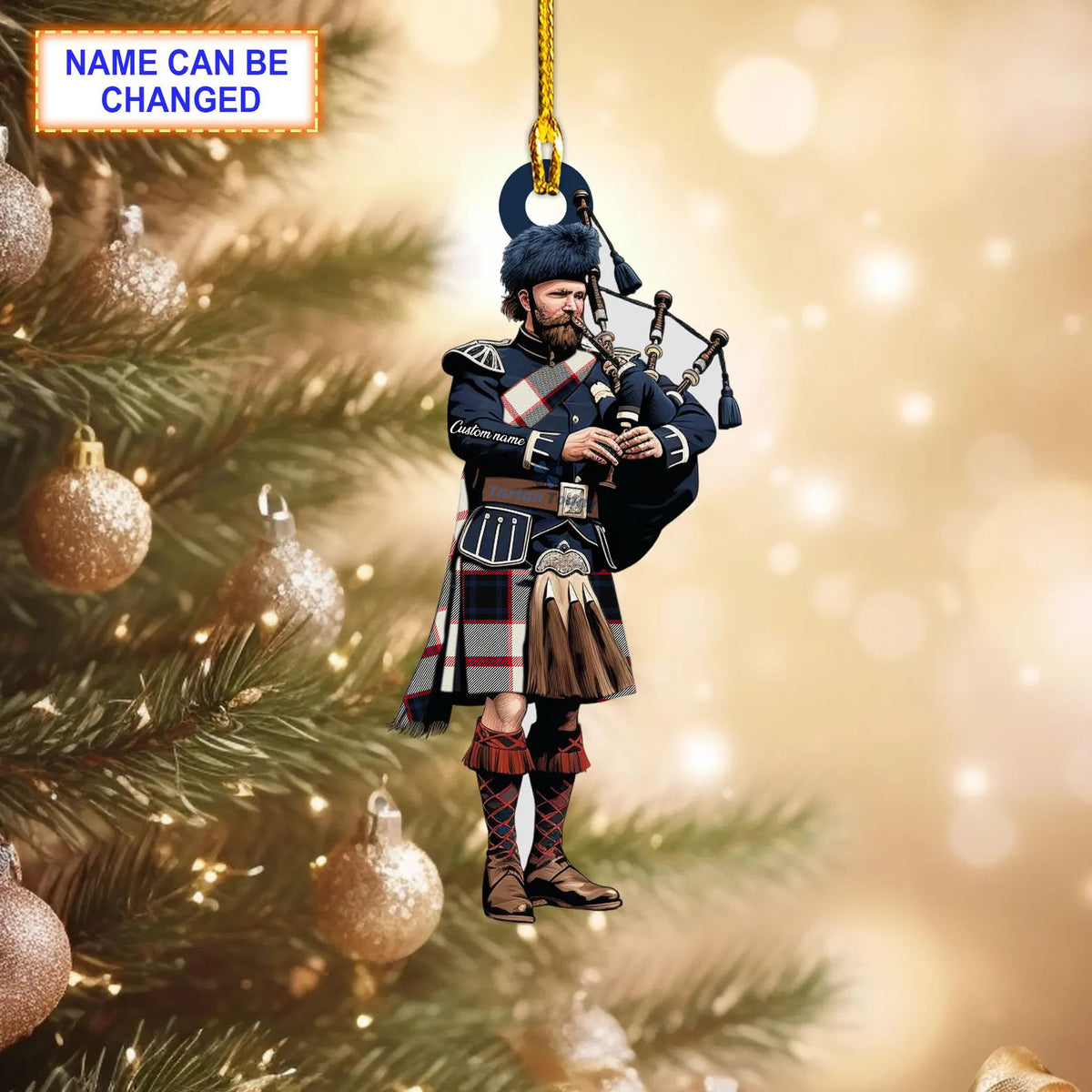 Merrilees Dress Modern Tartan Bagpipe Ornament with Custom Name