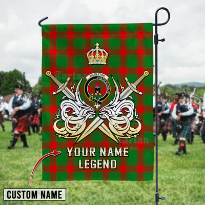 Custom Name Clan Middleton Modern Tartan Garden Flag with Clan Crest and the Golden Sword of Courageous Legacy