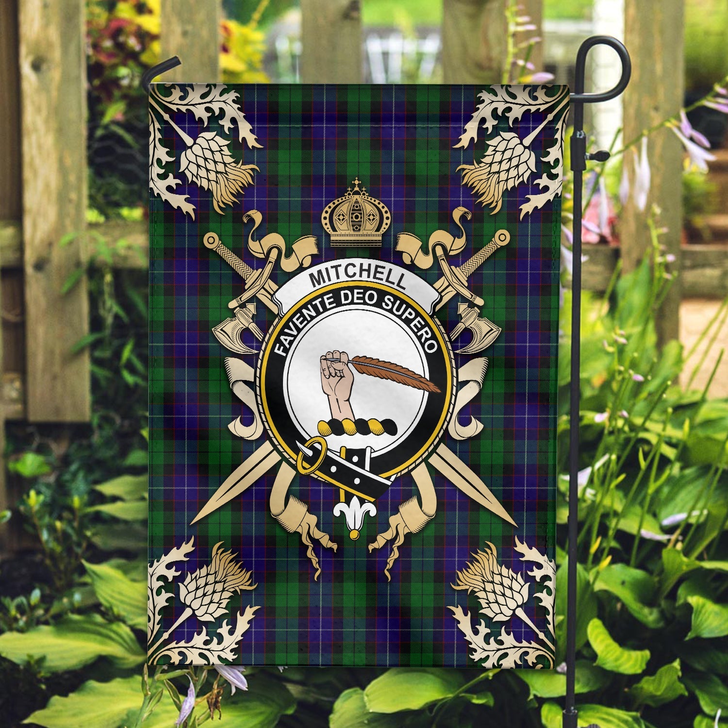 Clan Mitchell Tartan Crest Garden Flag  - Gold Thistle  RD19 Clan Garden Tartan Today   