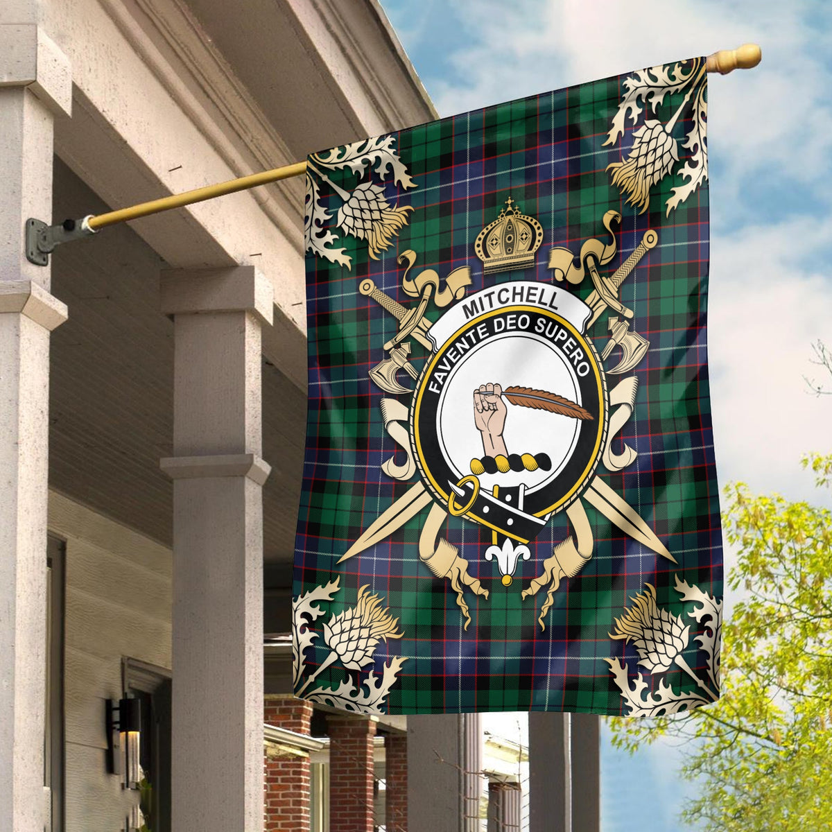 Clan Mitchell Modern Tartan Crest Garden Flag  - Gold Thistle  EJ91 Clan Garden Tartan Today   