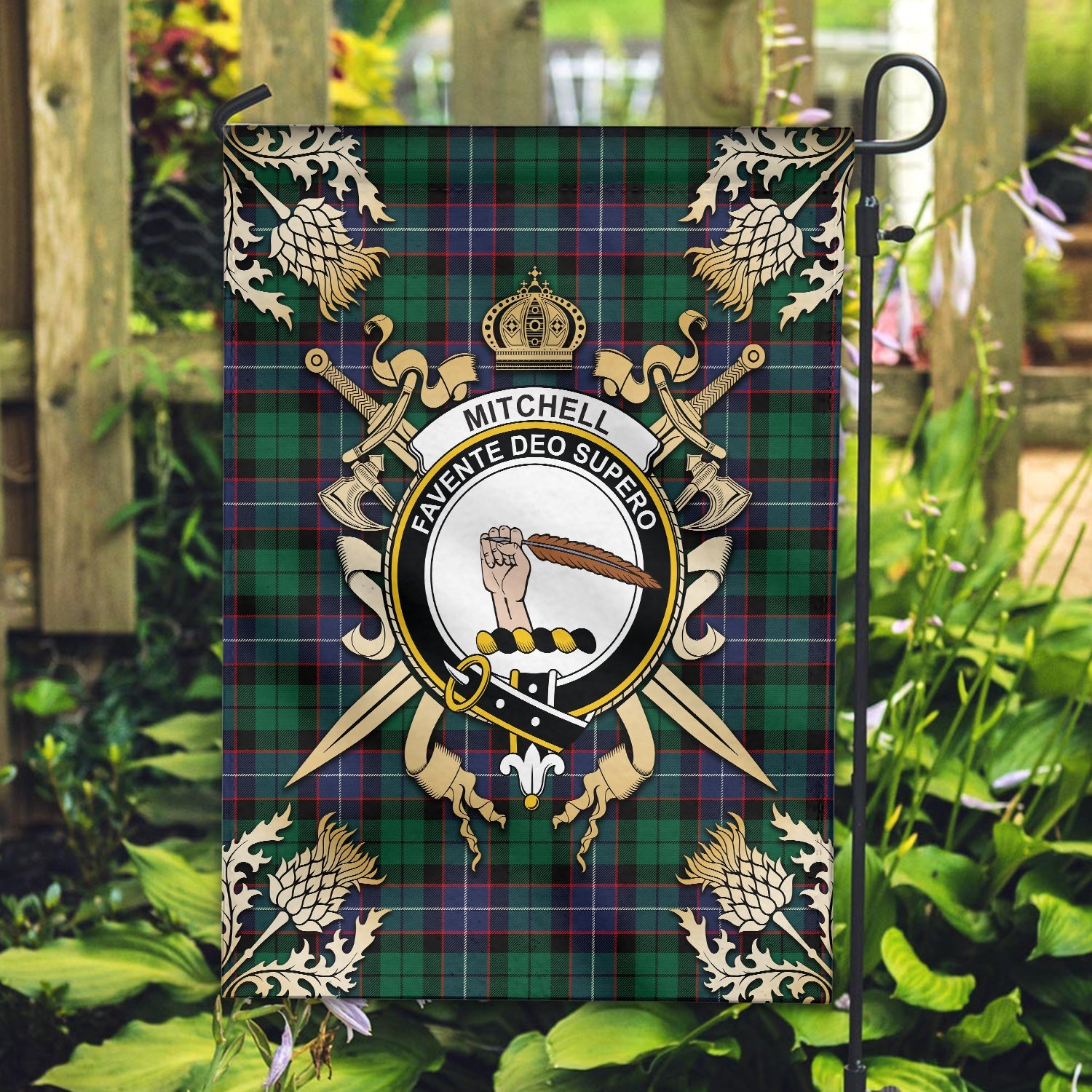 Clan Mitchell Modern Tartan Crest Garden Flag  - Gold Thistle  EJ91 Clan Garden Tartan Today   