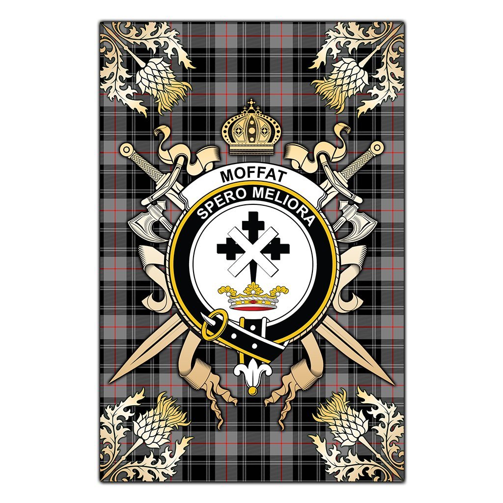 Clan Moffat Modern Tartan Crest Black Garden Flag  - Gold Thistle  XD87 Clan Moffat Tartan Today   