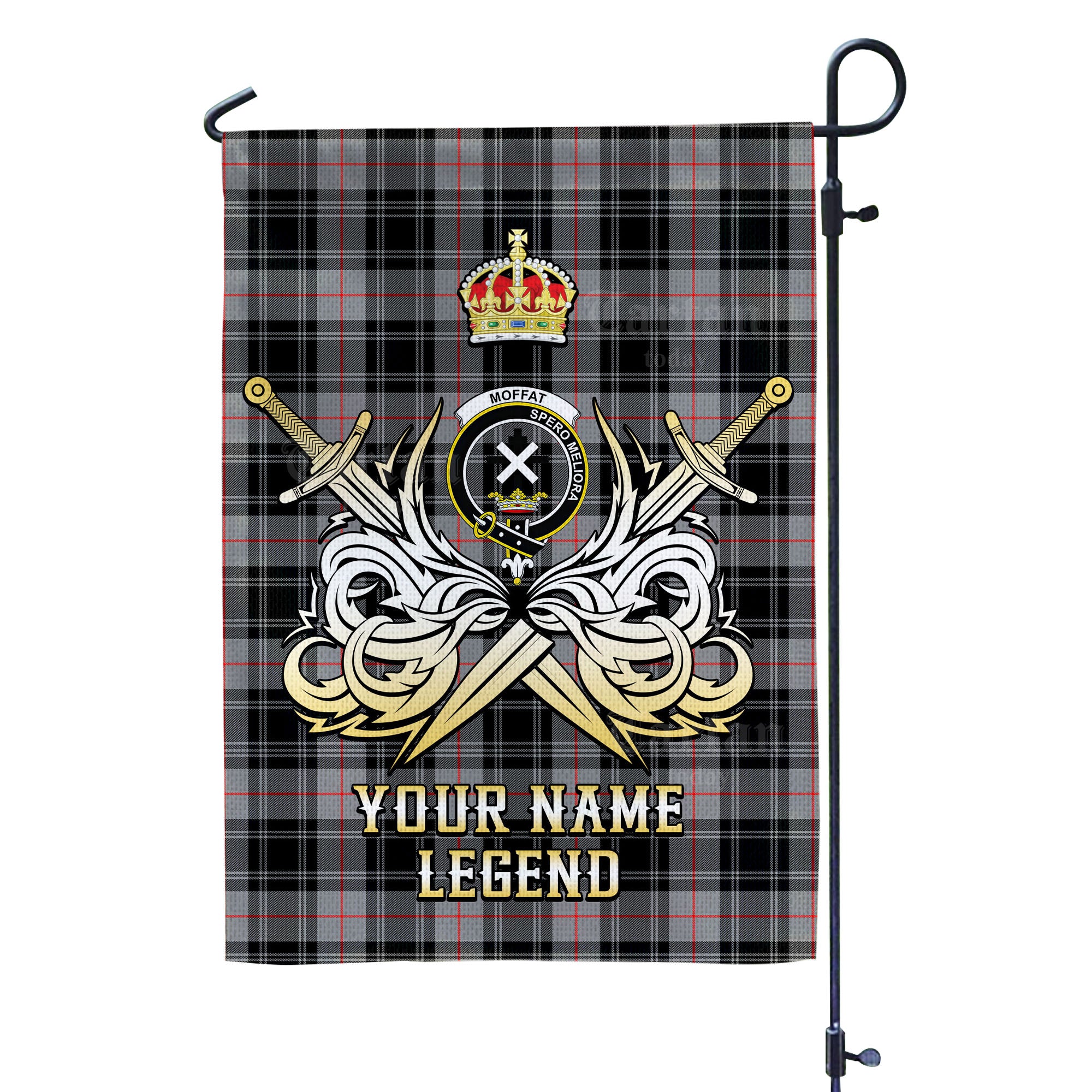 Custom Name Clan Moffat Modern Tartan Garden Flag with Clan Crest and the Golden Sword of Courageous Legacy VY36