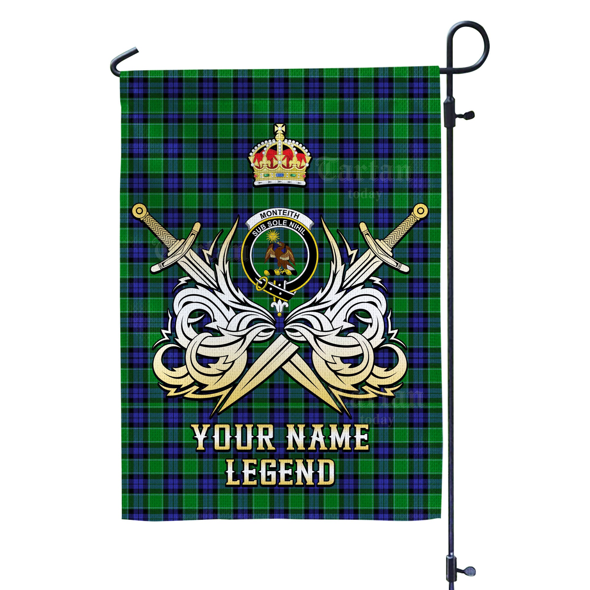 Custom Name Clan Monteith Tartan Garden Flag with Clan Crest and the Golden Sword of Courageous Legacy PV91