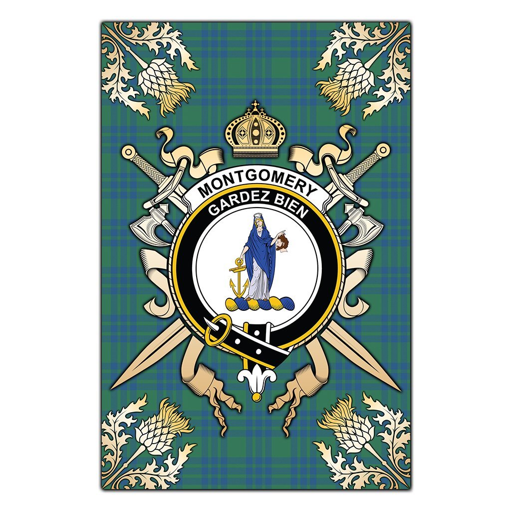 Clan Montgomery Ancient Tartan Crest Black Garden Flag  - Gold Thistle  BD31 Clan Montgomery Tartan Today   